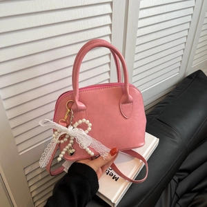 Women Shell Crossbody Bag PU Leather Mini Handbag With Artificial Pearl Lace Bow Pendant Sweet French Style Top Handle Shoulder Bag
