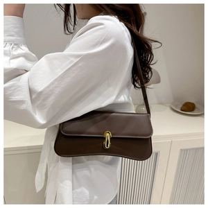 Detail of a dark brown leather baguette bag with a stylish gold oval metal buckle clasp
