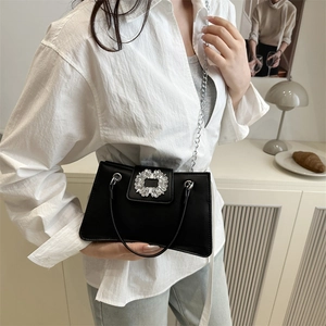 Elegant black square bag with crystal buckle and silver chain strap for women
