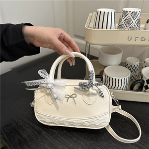 Women Sweet PU Leather Crossbody Bag With Lace Bow Ribbon Decoration Casual Handbag Commuter Small Square Pillow Bag