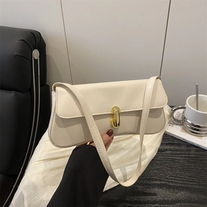 French Minimalist PU Leather Underarm Bag For Women Retro Solid Color Baguette Bag With Golden Metal Lock Shoulder Bag