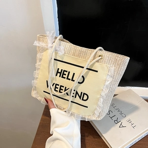 Women Summer Straw Woven Tote Bag HELLO WEEKEND Printed Large Capacity Shoulder Bag With Lace Bow Decor Beach Travel Bag