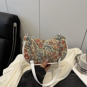 Vintage Floral Jacquard Underarm Bag For Women Stylish Metal Bow Chain Shoulder Bag Trendy Crescent Handbag Retro Daily Satchel