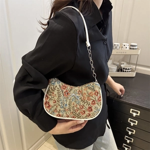 French vintage floral tapestry underarm bag with silver bow detail and chain strap