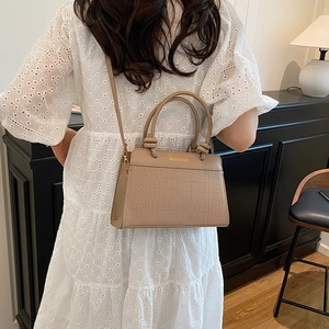 Deep beige crocodile texture tote bag for women with gold fashion logo and twin handles