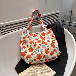 Women Large Capacity Floral Print Tote Bag Lightweight Canvas Shoulder Bag Casual Sweet Bowknot Butterfly Handbag Underarm Bag