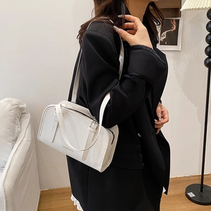 White glossy leather rectangular handbag for women featuring FASHION & BAG print detail