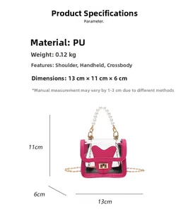 Detailed size specifications for a pink transparent mini handbag with pearl handle