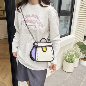Cute 2D cartoon style color-block crossbody bag with metal chain and top handle for women