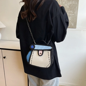 2D cartoon style crossbody bag with 3D comic effect in blue and pink color blocking