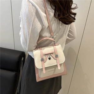 Preppy style contrast color crossbody bag with bow decoration and heart pendant