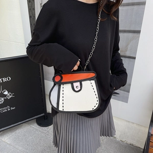 Cartoon 2D comic style white and red handbag with black outlines and chain strap