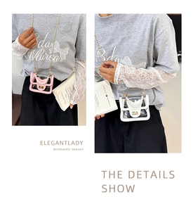 Detail showing transparent PVC crossbody bag with pearl handle and golden chain strap