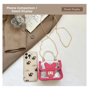 Detailed view of clear pink mini bag with pearl handle and phone for size reference