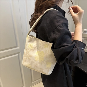 Sac seau brodé style chinois avec motif floral jaune et grande capacité de rangement