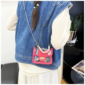 Pink transparent crossbody bag featuring cat ear design and a pearl bead handle