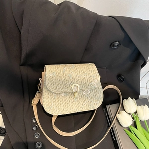 Summer Straw Woven Crossbody Bag For Women PU Leather Floral Embroidery Small Square Satchel Shoulder Bag Beach Vacation Bag