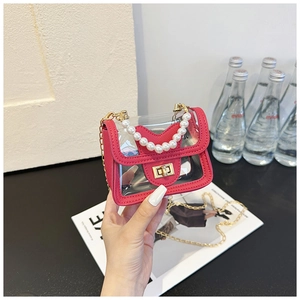 Detail view of transparent mini bag featuring red leather trim and elegant pearl handle