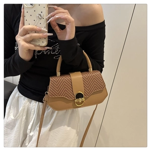 Close-up of brown textured handbag with herringbone flap and golden horseshoe buckle