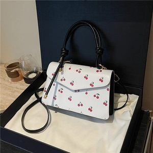 Women Cherry Print Small Square Crossbody Bag PU Leather Handbag With Knot Handle And Removable Strap Fashion Satchel Bag