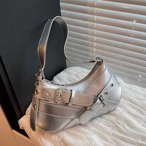 Women Y2K Moto Style PU Leather Underarm Bag With Belt Buckles Metal Eyelets Solid Color Fashion Shoulder Bag Purse