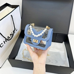 Women Clear PVC Mini Crossbody Bag with Artificial Pearl Handle Gold Chain Strap PU Leather Trim Fashion Square Handbag Purse