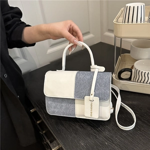 Retro Splicing Color Block PU Leather Crossbody Bag For Women Fashion Top Handle Shoulder Bag With Decorative Tag Commuting