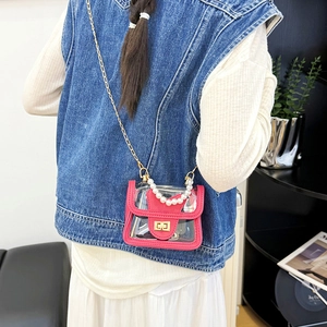 Transparent PVC mini crossbody bag with pink trim, pearl handle, and gold chain strap