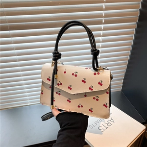 Sac à Main Femme en Cuir PU Imprimé Cerise Douce Poignée à Nœud Sac Bandoulière Mode Petit Sac Carré pour Dame