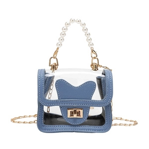 Chic transparent PVC mini square bag with blue trim and pearl handle for women