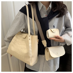 Beige crocodile texture 3-piece bag set with large tote and woven shoulder strap