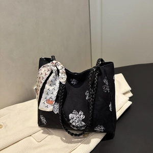 Sac Cabas en Toile Imprimé Floral Pour Femmes Avec Poignée Tressée Et Foulard Élégant Minimaliste Grande Capacité Sac à Bandoulière