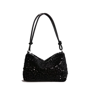 Sparkly black sequin underarm bag for women with knotted shoulder straps and zip closure