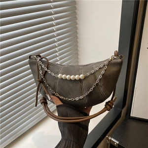 Retro Denim Canvas Hobo Crossbody Bag With Faux Artificial Pearl Metal Chain Knotted Strap Zipper Closure For Women Fashion Niche Handbag
