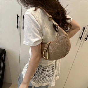 Woven U-buckle underarm bag in coffee brown with knotted strap and gold hardware