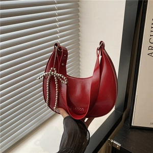 Fashion Women Semi-Circle Hobo Underarm Bag PU Leather Bowknot Bead Charm Urban Minimalist Daily Commute Shoulder Bag