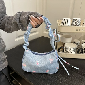 Women Bow Floral Print Denim Underarm Bag Trendy Pleated Scrunchie Handle Retro Shoulder Bag Casual Handbag For Ladies