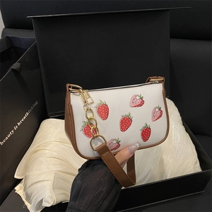 Women Sweet Strawberry Print PU Leather Underarm Bag Fashion Casual Shoulder Bag With Gold Chain Strap Daily Handbag