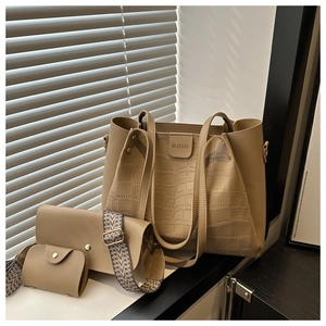 Three-piece khaki leather tote bag set with crocodile texture and wide shoulder strap