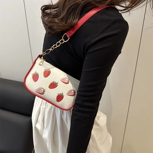 Retro strawberry print underarm bag with red PU straps and gold hardware for women