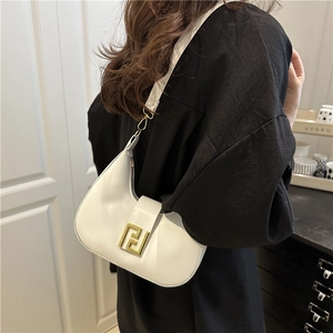 Minimalist white leather half-moon shoulder bag with golden geometric metal buckle
