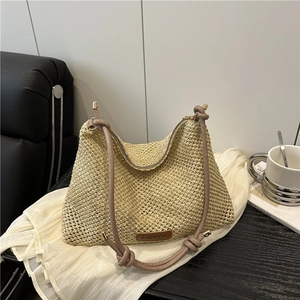 Lightweight Woven Straw Tote Bag For Women Casual Summer Beach Shoulder Bag With PU Leather Knot Strap Minimalist Purse
