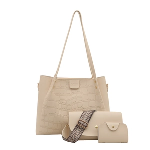 3-piece cream tote bag set with crocodile pattern and ethnic woven strap for women