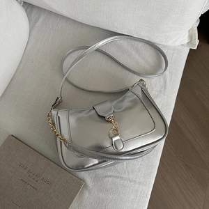 Women Trendy PU Leather Half Moon Shoulder Bag With Metallic Piston Lock And Chain Solid Color Crossbody Underarm Bag