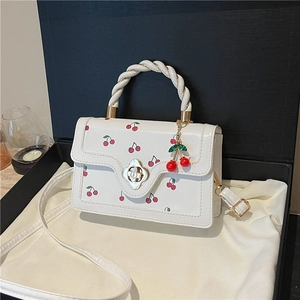 Vintage Cherry Print PU Leather Handbag For Women Sweet Braided Handle Crossbody Bag Fashion Flower Lock Shoulder Bag