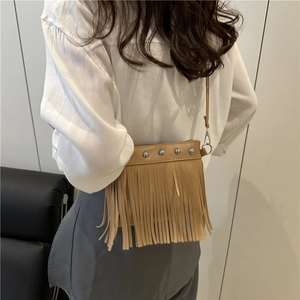 Bohemian khaki fringe tote bag with silver studs and adjustable shoulder strap