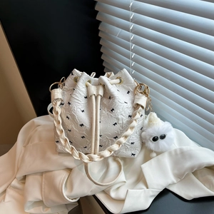 Borsa a Secchiello da Donna in Nylon con Stampa a Fiocco Dolce Borsa a Mano Coulisse Tracolla con Manico Intrecciato Casual