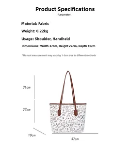 Detailed dimension guide for white canvas tote bag with graffiti print and brown handles