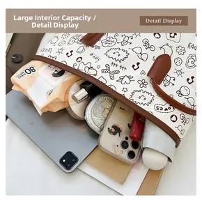 Top view of spacious canvas tote interior showing tablet, phone and daily essentials