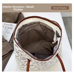 Top view of canvas tote bag interior with grey lining, inner pocket, and zipper closure